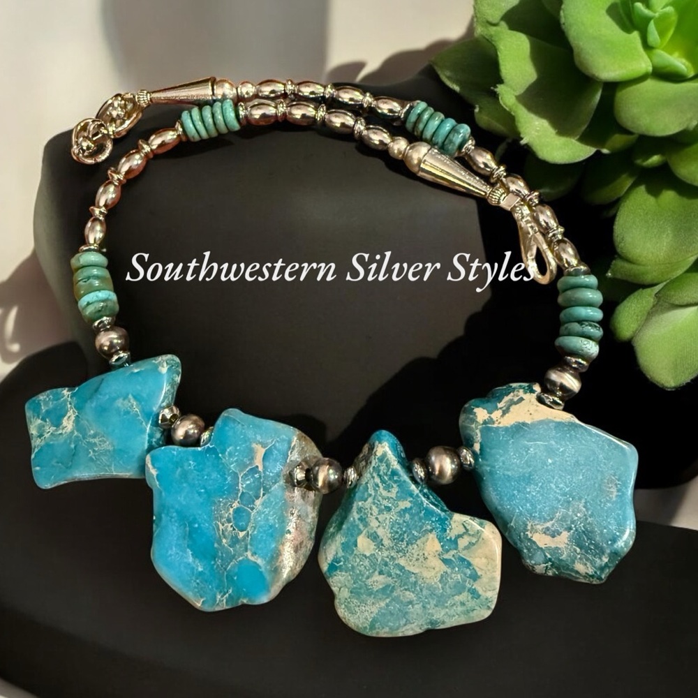 Southwestern Sterling Silver Navajo Pearls 
Turquoise Blue Sea Sediment Necklace